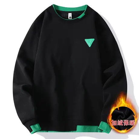 假两件加绒卫衣男圆领秋冬款潮牌ins长袖T恤加厚情侣上衣休闲运动图片