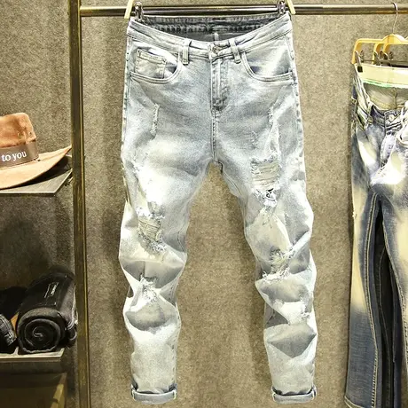 春夏浅色破烂牛仔裤男九分宽松个性韩版青年弹力小脚乞丐裤子潮牌商品大图