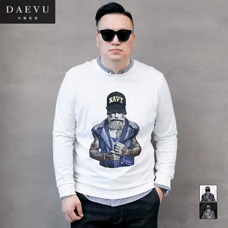 秋季新款人头印花大号男装胖子加肥加大码男款圆领长袖卫衣商品大图