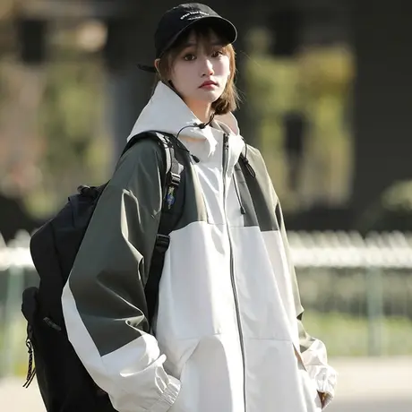 山系冲锋衣外套男春秋款连帽拼接户外防风夹克宽松大码情侣登山服商品大图