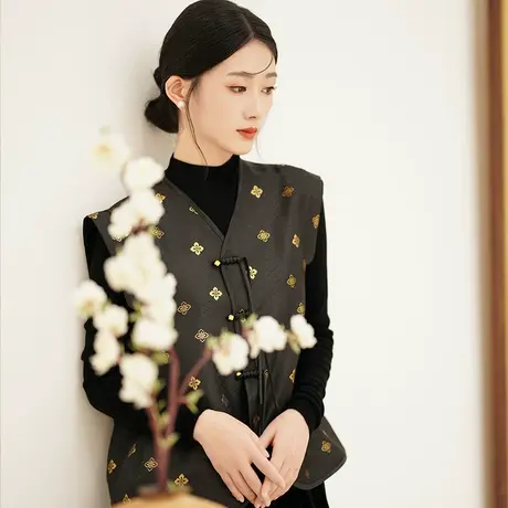 素飞新款原创中式马夹日常百搭黑色短款上衣金属丝烫金背心SU4996图片