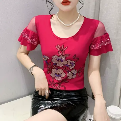 性感露肩上衣女短袖2023夏季新款网纱拼接荷叶边T恤重工烫钻小衫商品大图