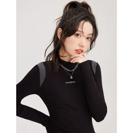 黑色圆领半高领打底衫女秋冬2022新款洋气内搭高级感修身t恤上衣商品大图