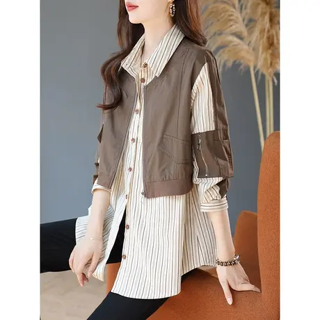 宝诗黎竖条纹拼接假两件衬衫时尚设计感棉质显瘦衬衣2024春季新款商品大图