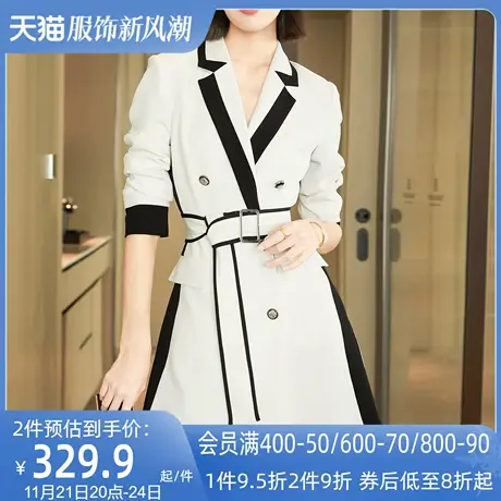 AUI职业撞色小个子中长款西装外套女2023秋新款设计感双排扣西服图片