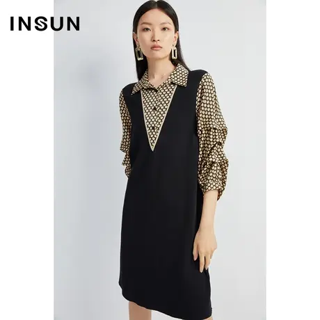 INSUN恩裳线上专选秋季印花毛织拼接假两件连衣裙图片