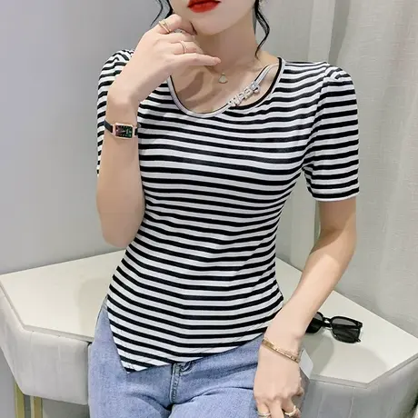 不规则下摆条纹T恤女短袖欧货修身网红上衣2024夏季洋气性感小衫图片