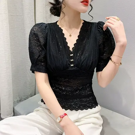性感V领泡泡袖蕾丝衫女夏季新款时尚洋气高腰上衣紧身百搭小衫ins图片