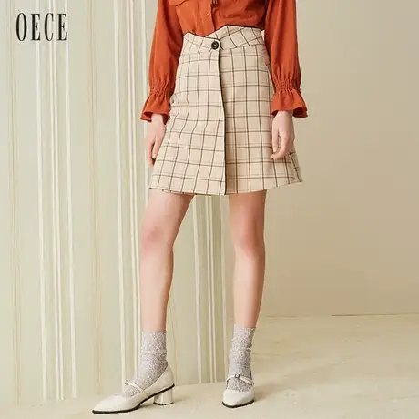 Oece春装新款女装 复古高腰A字格纹短裙半身裙春图片