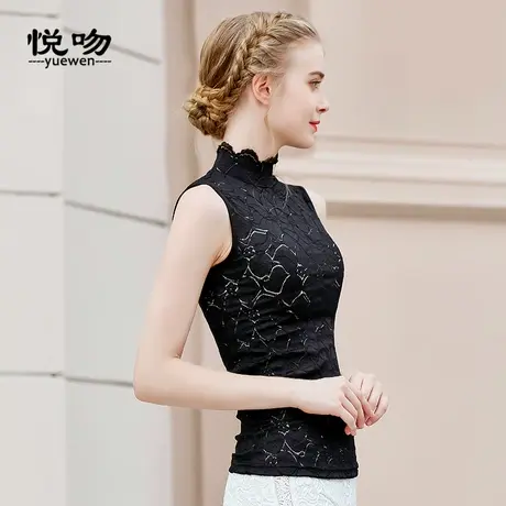 欧美春秋半高领无袖蕾丝打底衫女时尚洋气内搭背心修身立领上衣潮商品大图