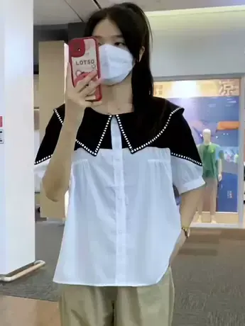 2023新款欧货设计感小众撞色拼接娃娃领衬衫短袖女大版洋气上衣潮图片