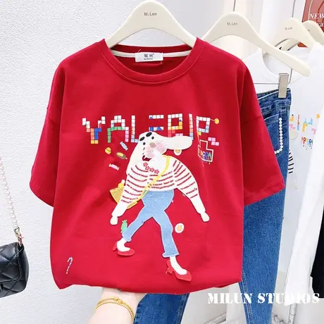 韩国东大门红色上衣2023春款ins兔子刺绣磨毛短袖T恤包臀大码欧货图片