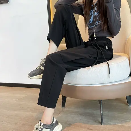 美式黑色束脚工装裤女秋季2023新款高腰显瘦小个子休闲九分直筒裤图片