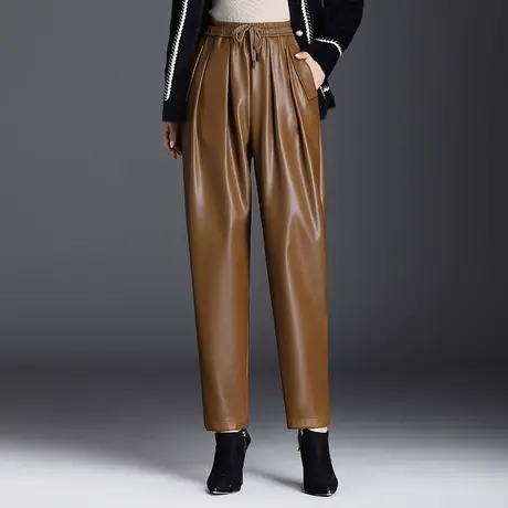 时尚高腰显瘦抽绳加绒pu皮哈伦裤女2023秋冬新款松紧腰休闲长裤子商品大图
