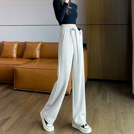 窄版针织阔腿裤女秋冬季2023新款小个子高腰直筒拖地裤宽松休闲裤图片