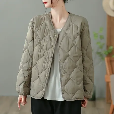 dza复古宽松V领羽绒服女士冬季轻薄款菱格白鸭绒外套短款休闲上衣图片