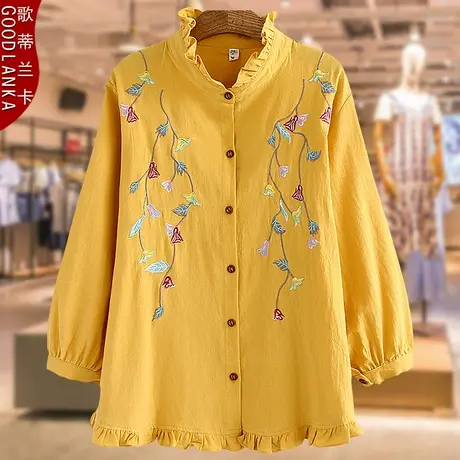 中年妈妈装秋装休闲上衣长袖小衫加肥加大码女新款木耳边纯棉衬衫商品大图