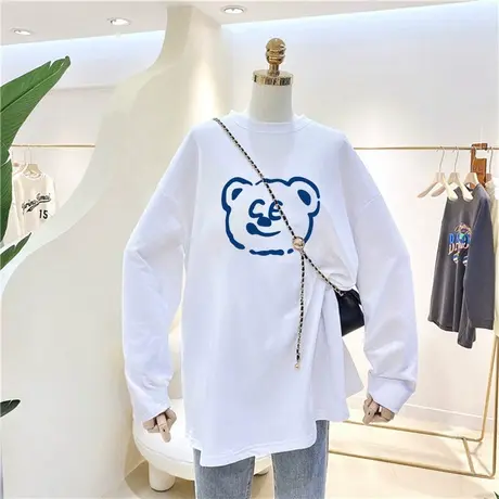 卡通印花白色中长款纯棉长袖新款秋季女宽松慵懒风磨毛长袖上衣图片