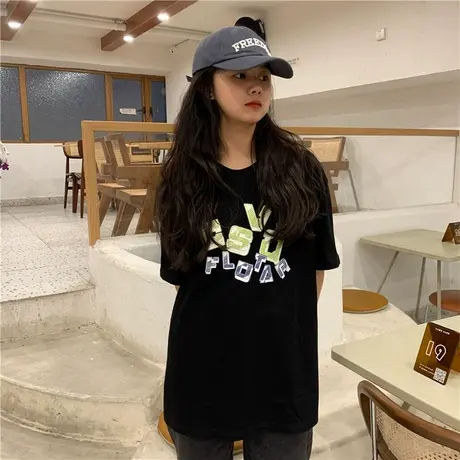 红续凹凸感字母印花短袖T恤女2023夏季新款韩版宽松纯棉圆领ins潮图片