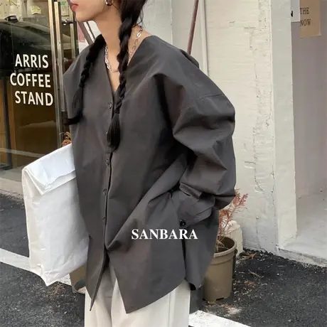 韩国V领衬衣2023春秋季新款百搭宽松显瘦单排扣开叉设计感衬衫女图片