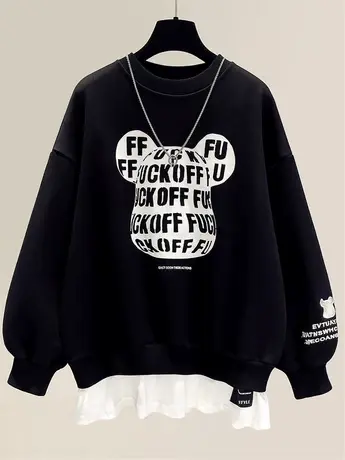 2022秋冬季无帽宽松中长款加绒卫衣新款假两件小熊加厚外套上衣女商品大图