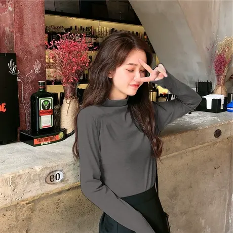 2024年新款内搭半高领长袖t恤百搭打底衫女装春秋冬加绒保暖上衣图片