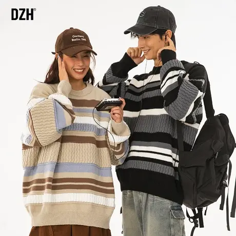 情侣撞色条纹毛衣男冬季慵懒风软糯宽松2024新款爆款男士针织外套商品大图