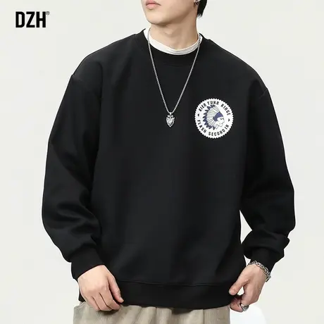 男士黑色圆领卫衣男秋季重磅潮牌男装2023新款宽松印花上衣套头衫商品大图