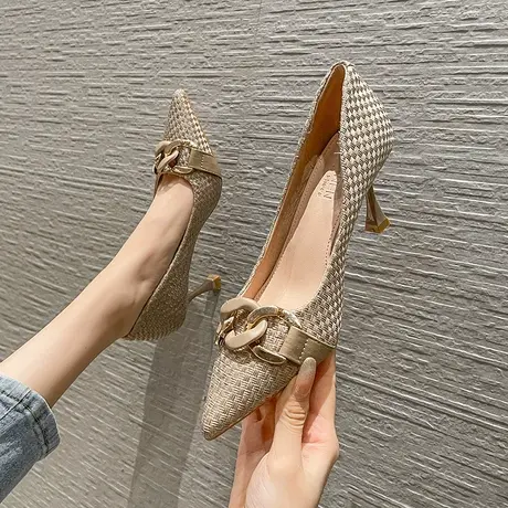 尖头金属扣高跟鞋女细跟2024年夏季新款性感百搭气质编织职业单鞋商品大图