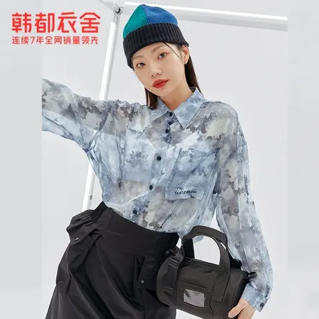 韩都衣舍宽松上衣秋冬新款韩版女装微透长袖雪纺衫PV9971图片