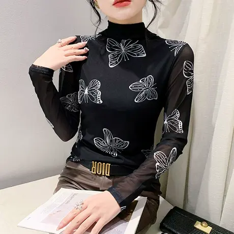 秋冬减龄半高领T恤女长袖性感网纱加绒上衣洋气修身气质打底衫商品大图