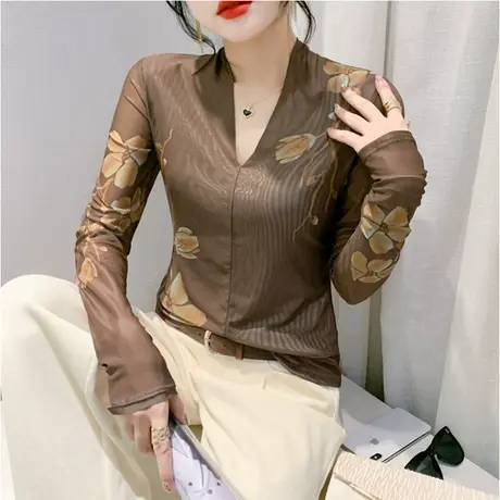 欧货网纱打底衫女长袖秋冬新款性感V领修身内塔上衣扎染印花T恤潮商品大图