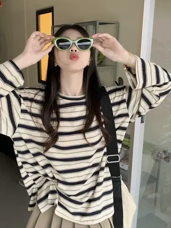 设计感小众开叉条纹打底衫女内搭春秋宽松卫衣大码长袖T恤女上衣商品大图