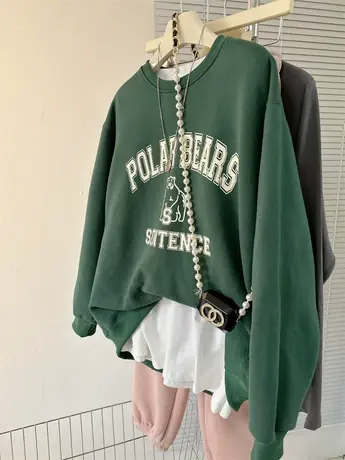 小熊秋冬加绒加厚绿色女款简约洋气上衣圆领套头百搭韩系宽松卫衣商品大图