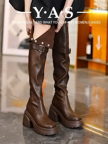 爆款过膝靴女秋冬新款圆头高跟长靴粗跟厚底两穿皮面百搭高筒靴子图片