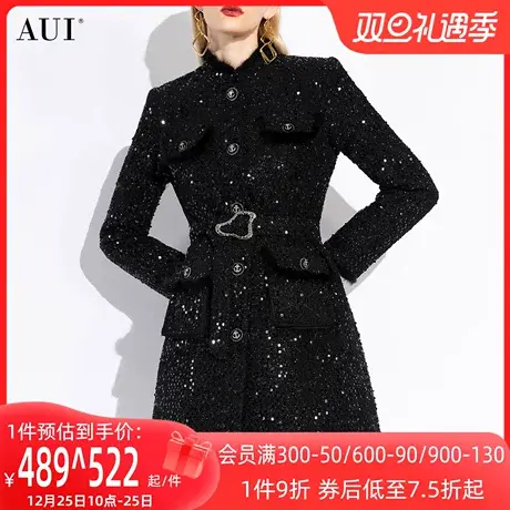 AUI黑色高端重工中长款毛呢外套女冬2023新款小香风修身呢子大衣商品大图