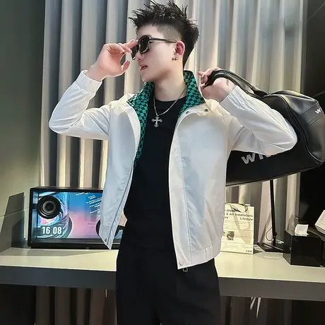 春秋季修身夹克男潮牌立领褂子男装个性2023新款上衣痞帅拼色外套图片