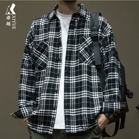 希越美式休闲格子衬衫男2024春秋款宽松大码男士外套复古翻领上衣商品大图