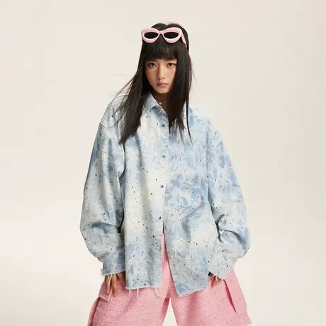 新中式扎染做旧毛边渐变色衬衫女春秋2024复古oversize衬衣外套商品大图