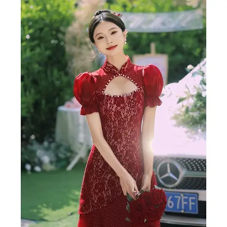 敬酒服2023新款新娘高级感订婚礼服蕾丝泡泡袖连衣裙法式设计感夏商品大图