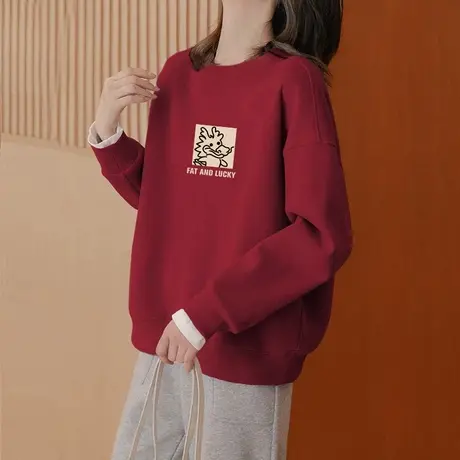 喜庆本命年圆领卫衣2024新款加绒情侣外套ins小众冬季大码上衣女商品大图