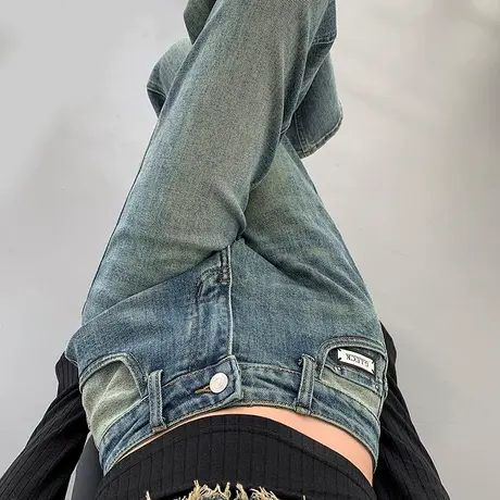 复古窄版阔腿牛仔裤女2024新款春秋季高腰宽松显瘦垂感拖地直筒裤图片