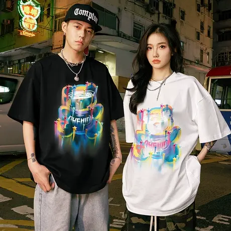 Nuthink情侣直喷涂鸦小熊短袖男女同款情侣装t恤夏季情侣款半袖潮商品大图