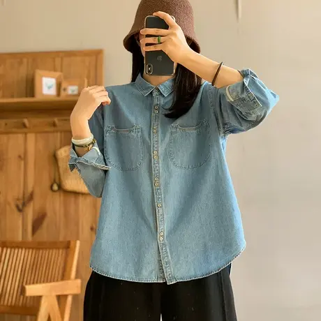 dza 复古纯棉牛仔衬衫女士春季新款宽松休闲长袖衬衣短款口袋上衣商品大图