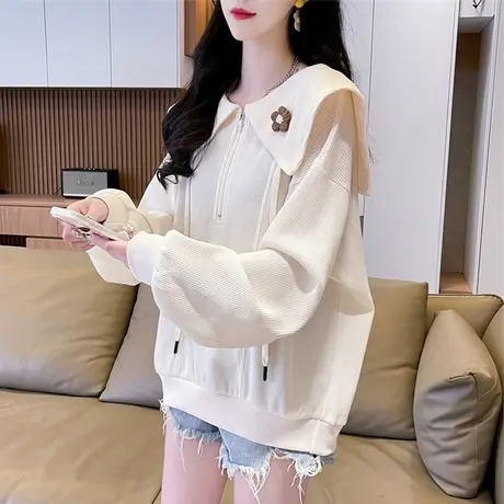 娃娃领卫衣女春秋韩版宽松大码女装薄款华夫格设计感小众上衣外套图片