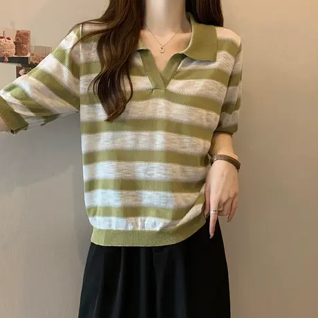 条纹薄款冰丝polo领短袖t恤女夏季新款设计感显瘦短款针织衫上衣商品大图