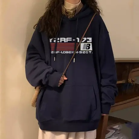 藏青色连帽卫衣女春秋季薄款小个子宽松休闲美式复古oversize外套图片