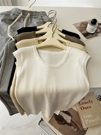 U领小飞袖针织短袖T恤女夏季洋气减龄修身显瘦春秋季内搭坎肩上衣图片