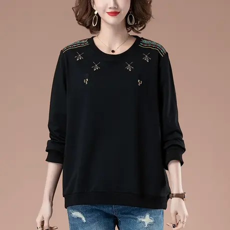春秋加肥加大码女装长袖t恤宽松休闲卫衣全棉刺绣减龄洋气打底衫商品大图