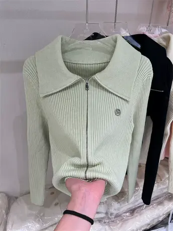 欧货拉链大翻领针织开衫女2024春季新款小众设计显瘦减龄短款上衣商品大图